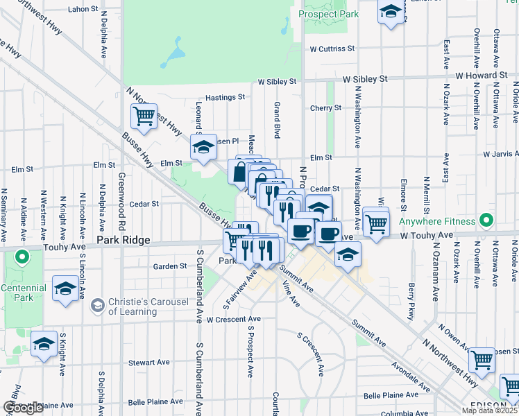 map of restaurants, bars, coffee shops, grocery stores, and more near 68 North Summit Avenue in Park Ridge