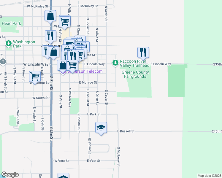 map of restaurants, bars, coffee shops, grocery stores, and more near 402 South Cedar Street in Jefferson
