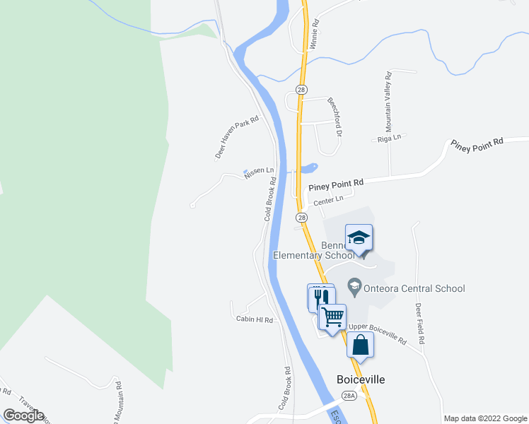map of restaurants, bars, coffee shops, grocery stores, and more near 1043 Cold Brook Road in Boiceville