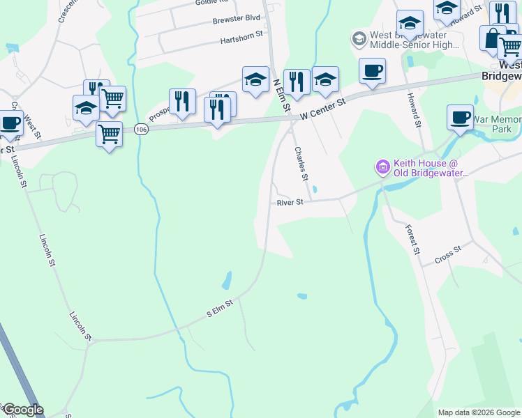 map of restaurants, bars, coffee shops, grocery stores, and more near 109 South Elm Street in West Bridgewater