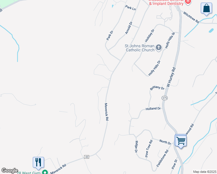 map of restaurants, bars, coffee shops, grocery stores, and more near Maverick Road in Woodstock