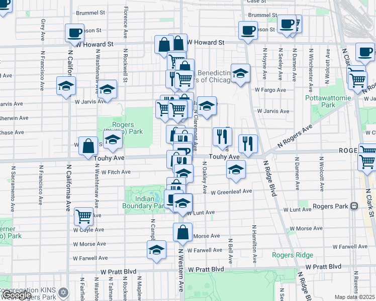 map of restaurants, bars, coffee shops, grocery stores, and more near 7137 North Western Avenue in Chicago