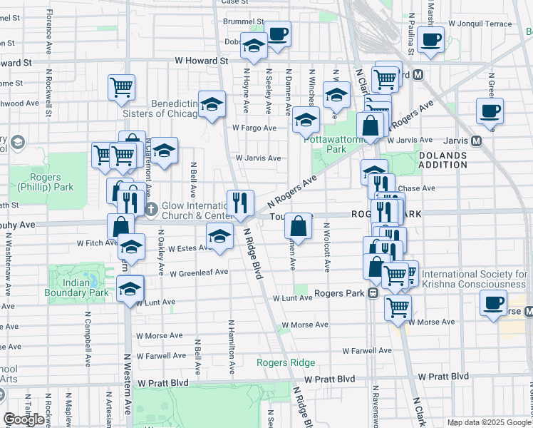 map of restaurants, bars, coffee shops, grocery stores, and more near 2042 West Touhy Avenue in Chicago