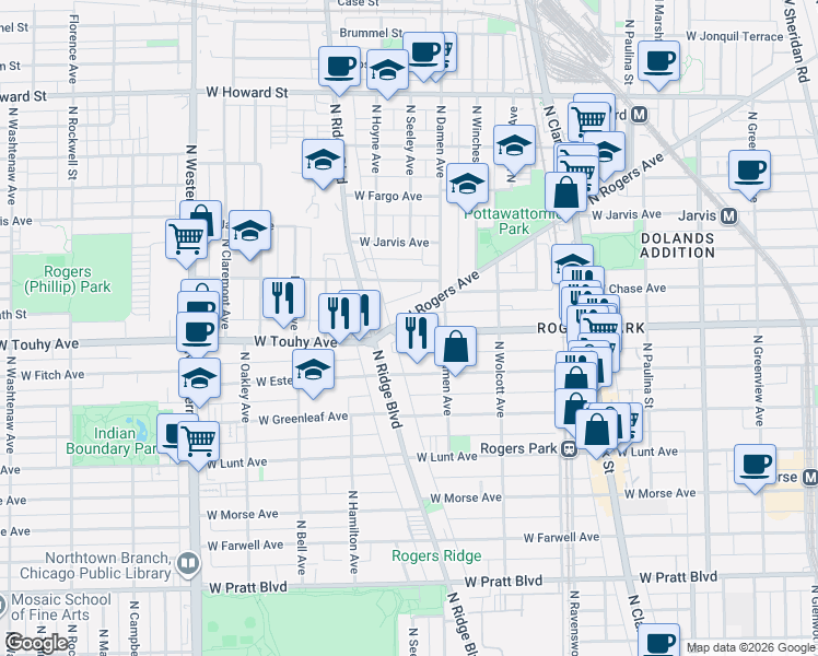map of restaurants, bars, coffee shops, grocery stores, and more near 2018 West Estes Avenue in Chicago