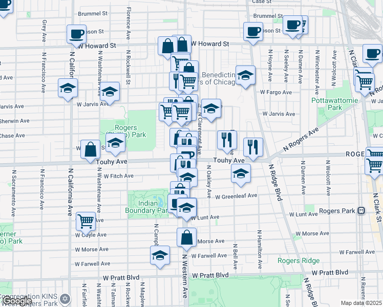 map of restaurants, bars, coffee shops, grocery stores, and more near 2346 Touhy Avenue in Chicago