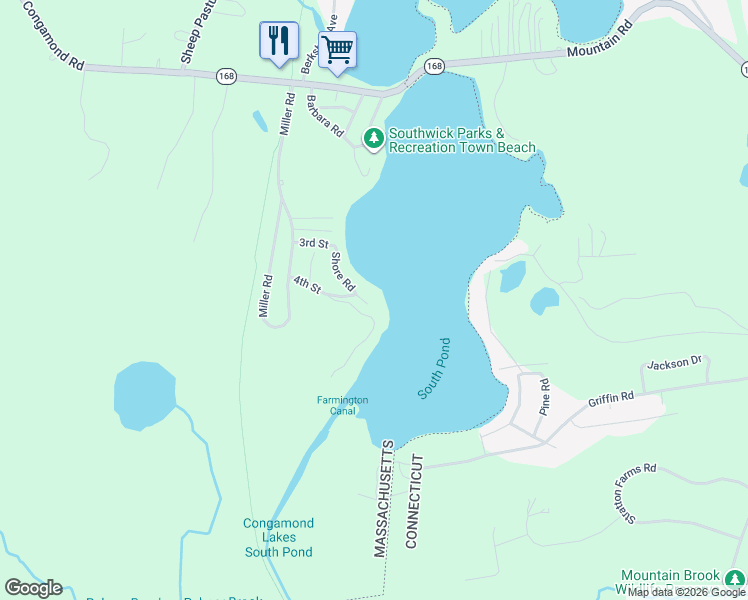 map of restaurants, bars, coffee shops, grocery stores, and more near 8 Iroquois Drive in Southwick