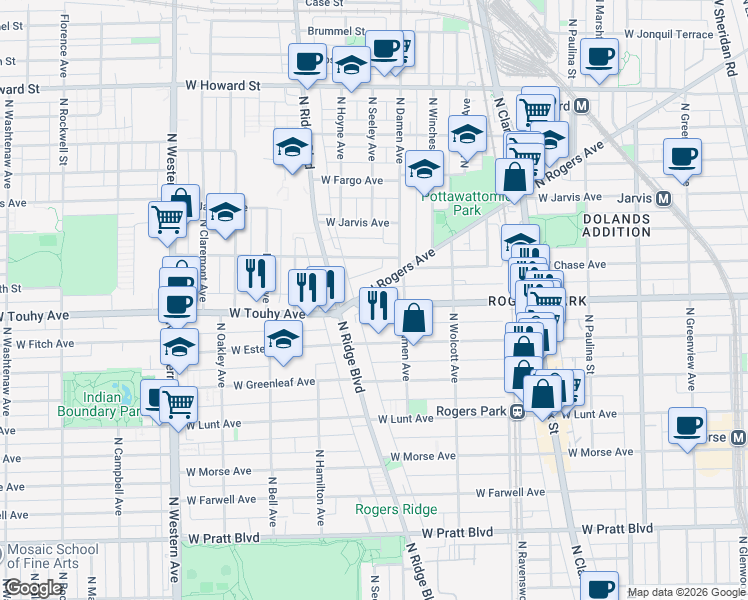 map of restaurants, bars, coffee shops, grocery stores, and more near 2038 West Touhy Avenue in Chicago