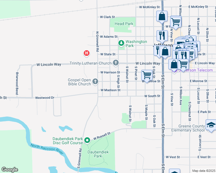 map of restaurants, bars, coffee shops, grocery stores, and more near 401-499 South Georgia Street in Jefferson