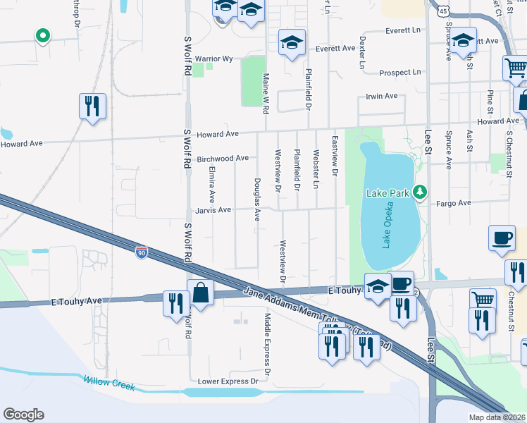 map of restaurants, bars, coffee shops, grocery stores, and more near 2231 Douglas Avenue in Des Plaines