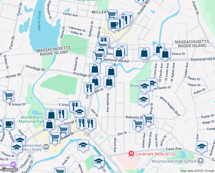 map of restaurants, bars, coffee shops, grocery stores, and more near 325 Burnside Avenue in Woonsocket
