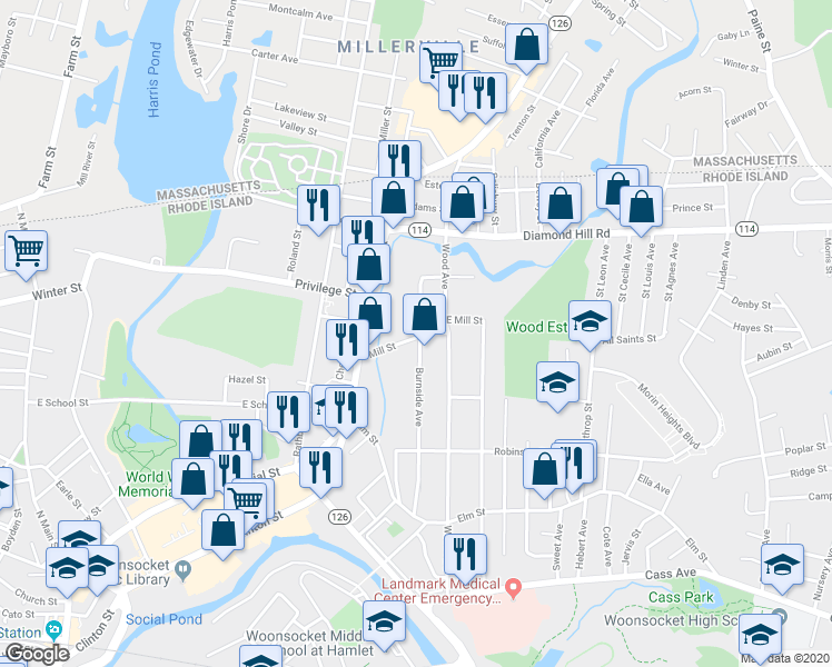 map of restaurants, bars, coffee shops, grocery stores, and more near 325 Burnside Avenue in Woonsocket