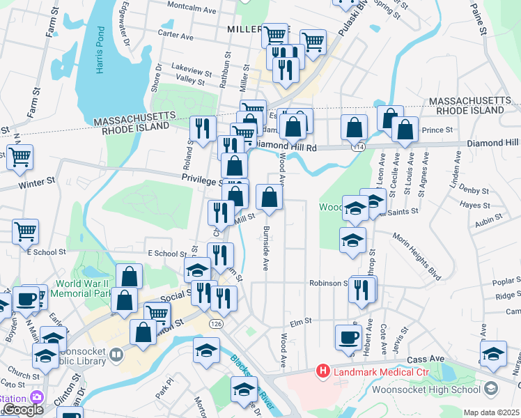 map of restaurants, bars, coffee shops, grocery stores, and more near 325 Burnside Avenue in Woonsocket
