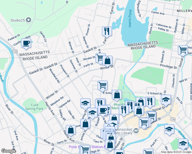 map of restaurants, bars, coffee shops, grocery stores, and more near 70 Phebe Street in Woonsocket