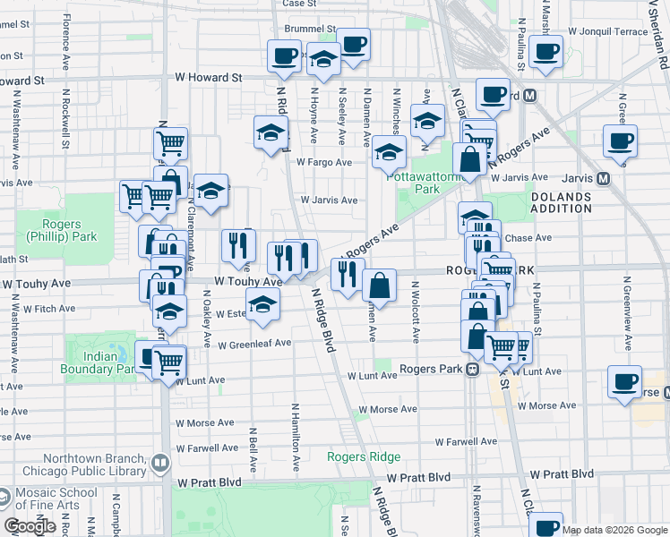 map of restaurants, bars, coffee shops, grocery stores, and more near 7115 North Ridge Boulevard in Chicago