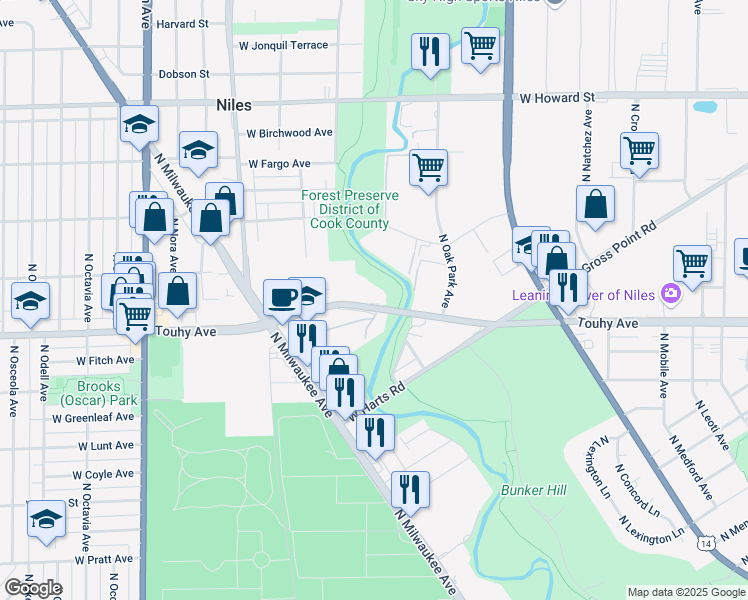 map of restaurants, bars, coffee shops, grocery stores, and more near 6935 W Touhy Ave in Niles