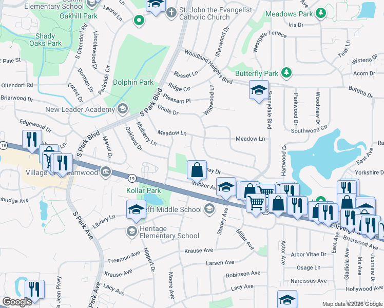 map of restaurants, bars, coffee shops, grocery stores, and more near 1009 Vine Street in Streamwood