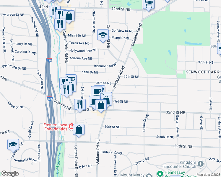 map of restaurants, bars, coffee shops, grocery stores, and more near 3324 Oakland Road Northeast in Cedar Rapids