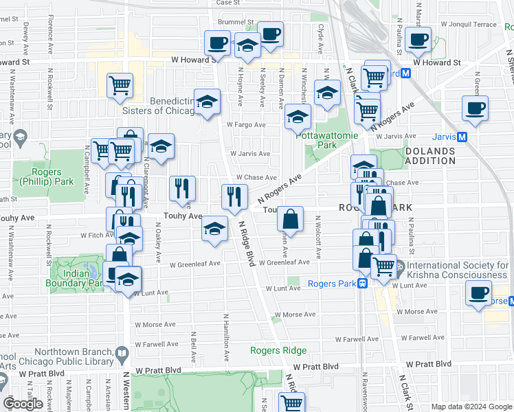map of restaurants, bars, coffee shops, grocery stores, and more near 2046 Touhy Avenue in Chicago