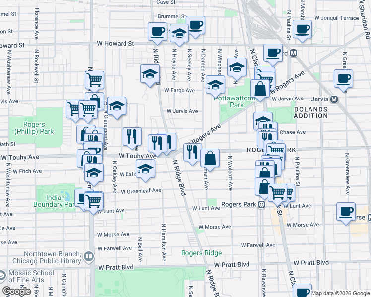 map of restaurants, bars, coffee shops, grocery stores, and more near 7115 North Ridge Boulevard in Chicago