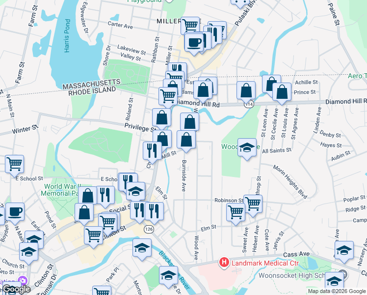 map of restaurants, bars, coffee shops, grocery stores, and more near 325 Burnside Avenue in Woonsocket