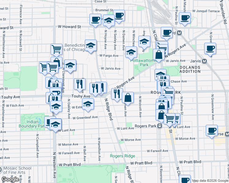 map of restaurants, bars, coffee shops, grocery stores, and more near 7115 North Ridge Boulevard in Chicago