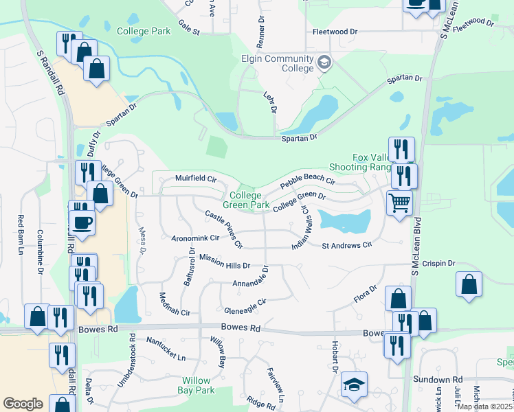 map of restaurants, bars, coffee shops, grocery stores, and more near 1855 College Green Drive in Elgin