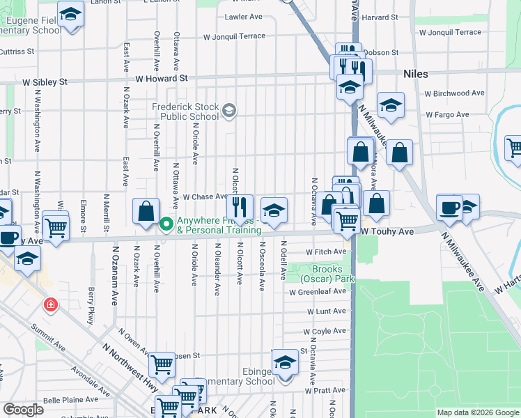 map of restaurants, bars, coffee shops, grocery stores, and more near 7214 North Osceola Avenue in Chicago