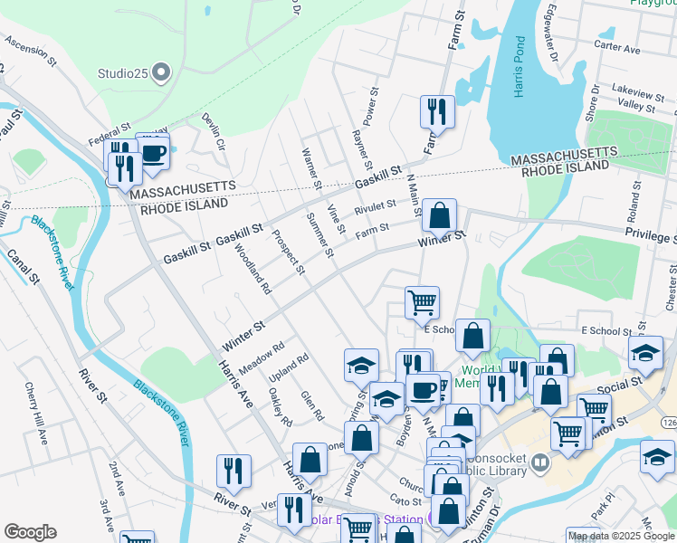map of restaurants, bars, coffee shops, grocery stores, and more near Winter Street in Woonsocket