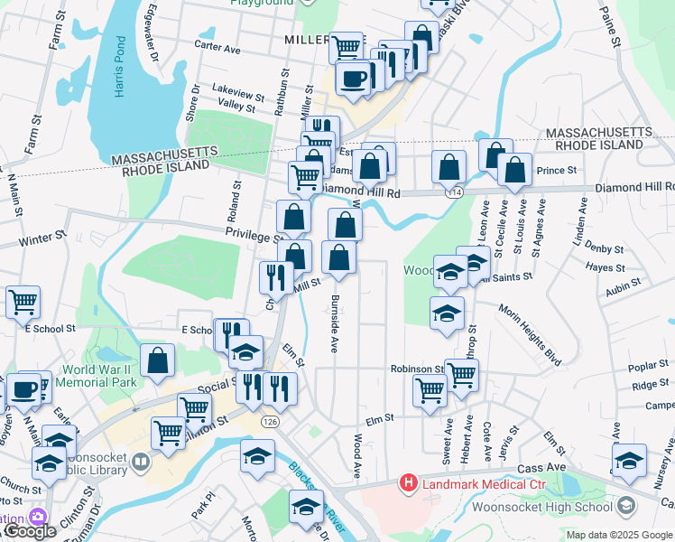 map of restaurants, bars, coffee shops, grocery stores, and more near 112 Mill Street in Woonsocket