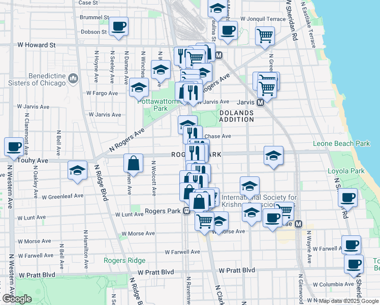 map of restaurants, bars, coffee shops, grocery stores, and more near 7200 North Clark Street in Chicago