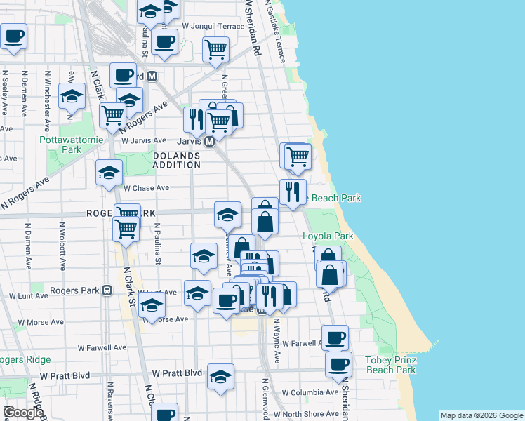 map of restaurants, bars, coffee shops, grocery stores, and more near 1360 Touhy Avenue in Chicago