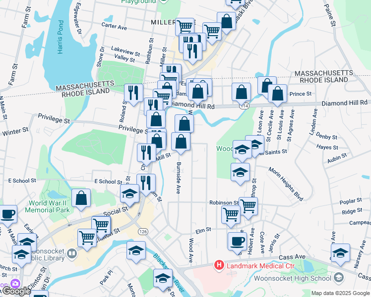 map of restaurants, bars, coffee shops, grocery stores, and more near 451 Burnside Avenue in Woonsocket