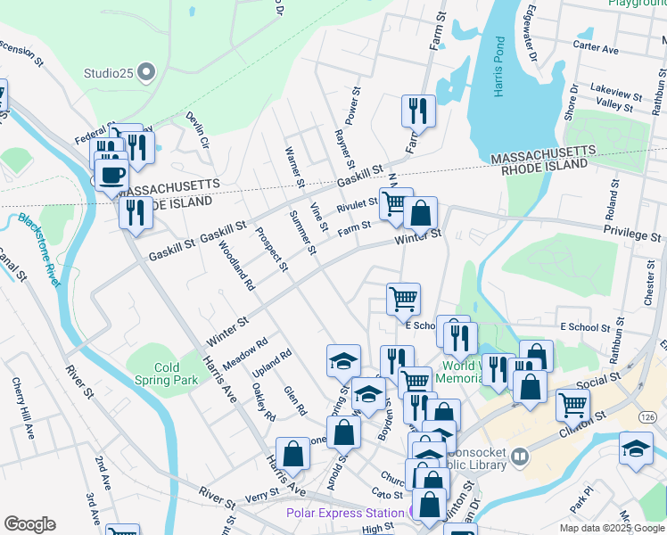 map of restaurants, bars, coffee shops, grocery stores, and more near 408 Winter Street in Woonsocket