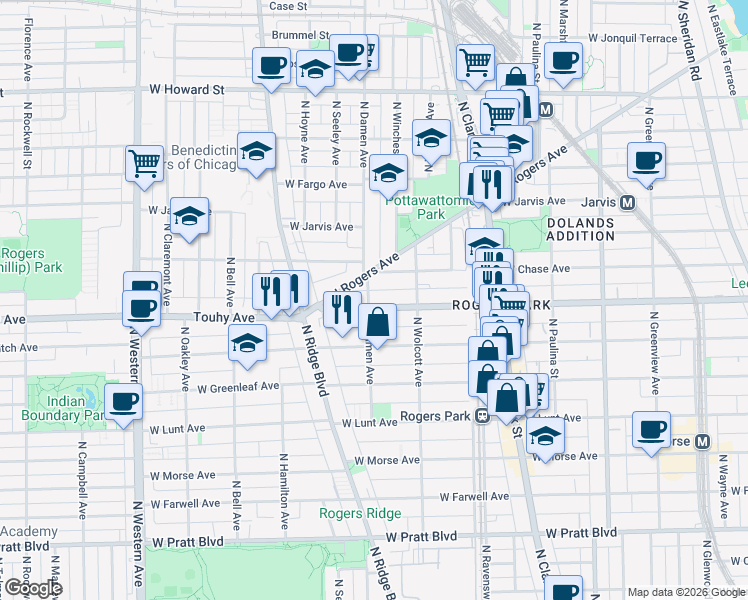map of restaurants, bars, coffee shops, grocery stores, and more near 1944 West Touhy Avenue in Chicago
