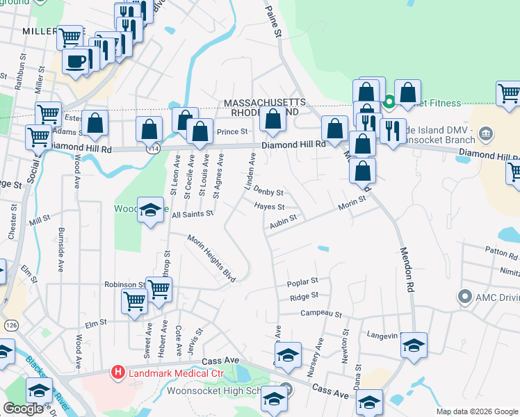 map of restaurants, bars, coffee shops, grocery stores, and more near 29 Denby Street in Woonsocket