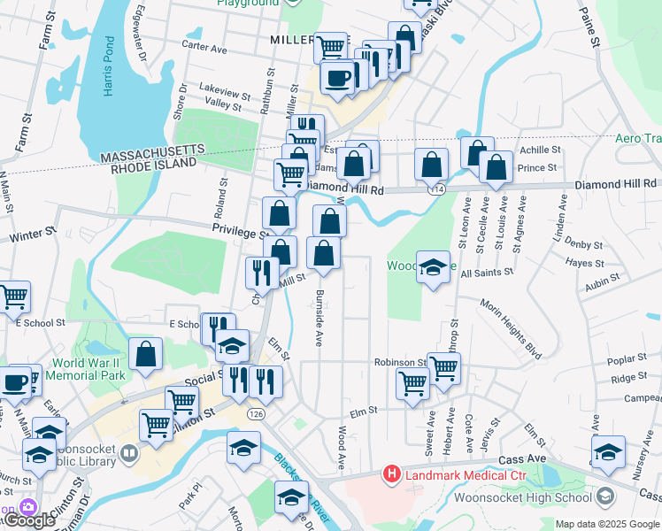 map of restaurants, bars, coffee shops, grocery stores, and more near 451 Burnside Avenue in Woonsocket
