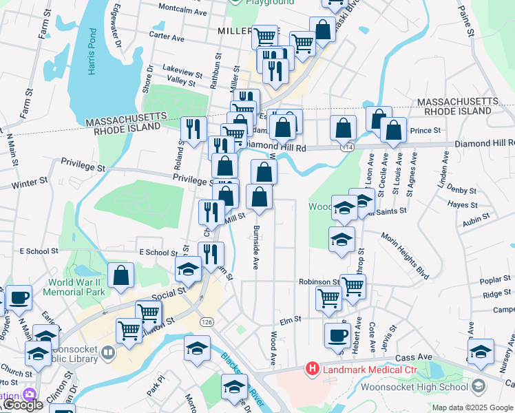 map of restaurants, bars, coffee shops, grocery stores, and more near 451 Burnside Avenue in Woonsocket