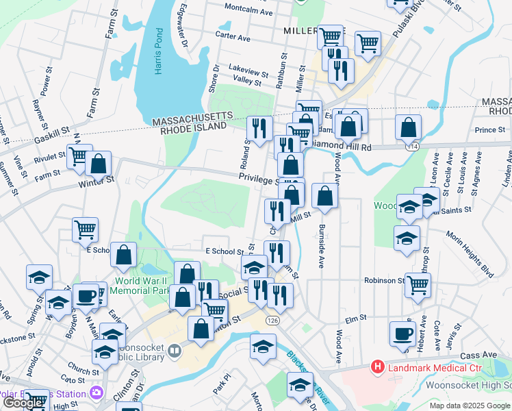 map of restaurants, bars, coffee shops, grocery stores, and more near 332 Rathbun Street in Woonsocket