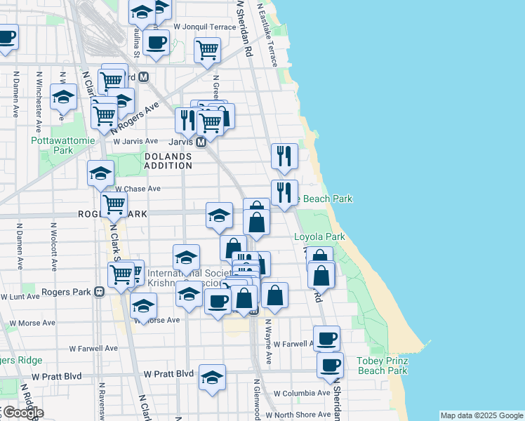 map of restaurants, bars, coffee shops, grocery stores, and more near 1349 West Chase Avenue in Chicago