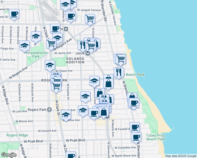 map of restaurants, bars, coffee shops, grocery stores, and more near 1443 West Chase Avenue in Chicago