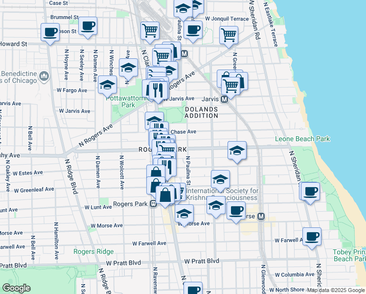 map of restaurants, bars, coffee shops, grocery stores, and more near 1727 West Chase Avenue in Chicago
