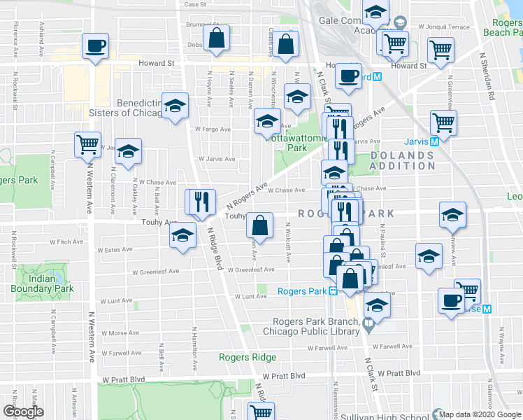 map of restaurants, bars, coffee shops, grocery stores, and more near 1933 West Chase Avenue in Chicago