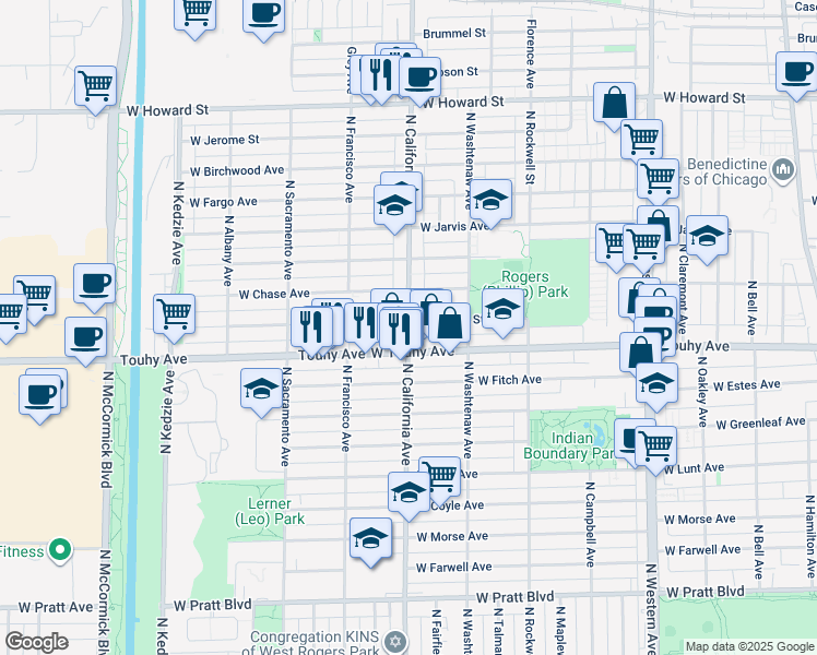 map of restaurants, bars, coffee shops, grocery stores, and more near 2743 West Chase Avenue in Chicago