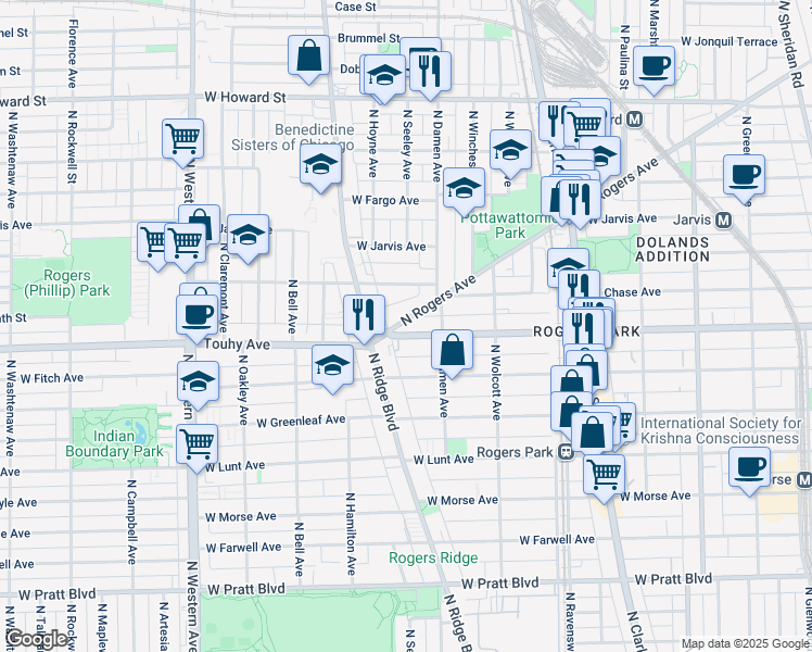 map of restaurants, bars, coffee shops, grocery stores, and more near 7262 North Rogers Avenue in Chicago
