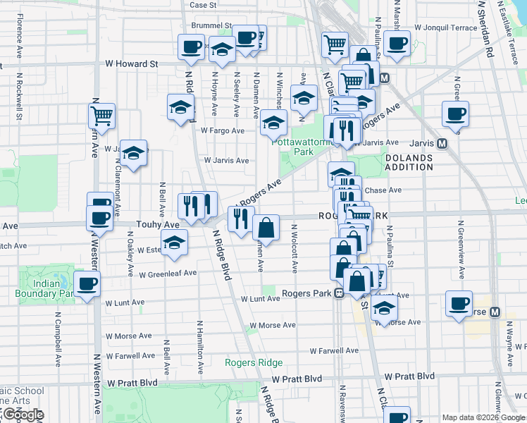 map of restaurants, bars, coffee shops, grocery stores, and more near 7211 North Damen Avenue in Chicago