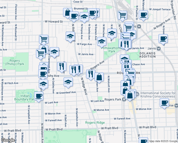 map of restaurants, bars, coffee shops, grocery stores, and more near 7262 North Rogers Avenue in Chicago