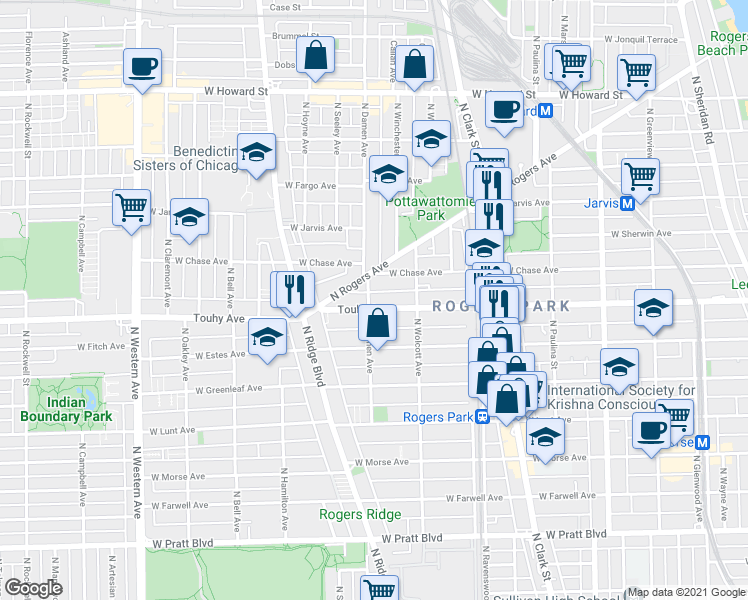 map of restaurants, bars, coffee shops, grocery stores, and more near 7211 North Damen Avenue in Chicago