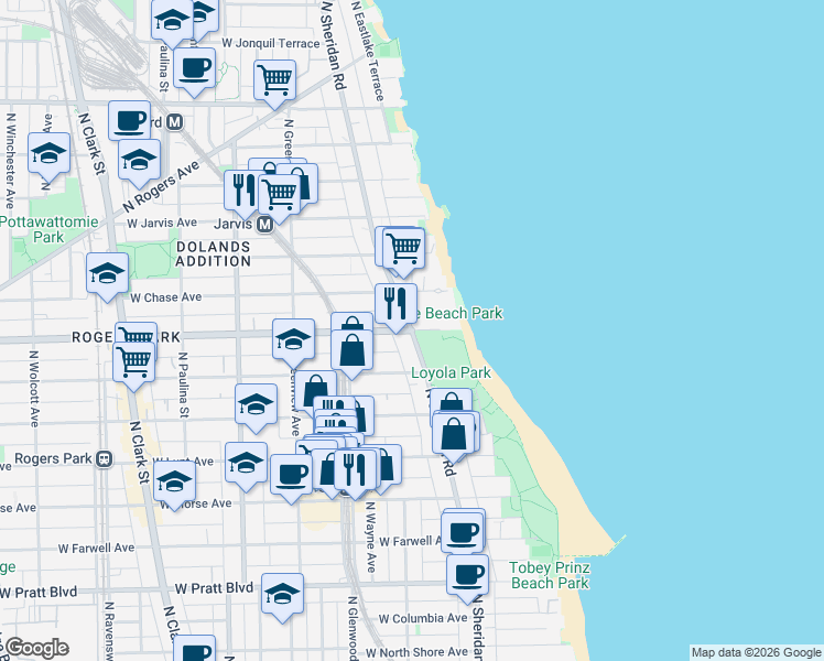 map of restaurants, bars, coffee shops, grocery stores, and more near 1300 West Touhy Avenue in Chicago