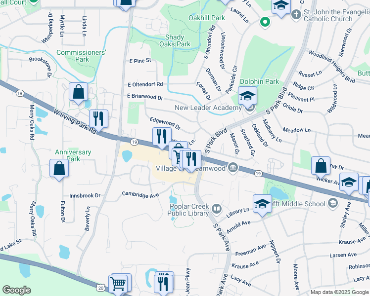 map of restaurants, bars, coffee shops, grocery stores, and more near 123 Edgewood Drive in Streamwood