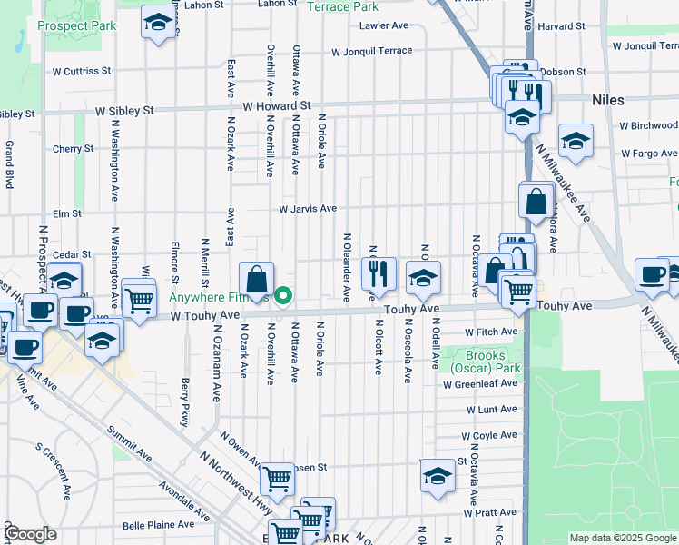 map of restaurants, bars, coffee shops, grocery stores, and more near 7305 North Oriole Avenue in Chicago